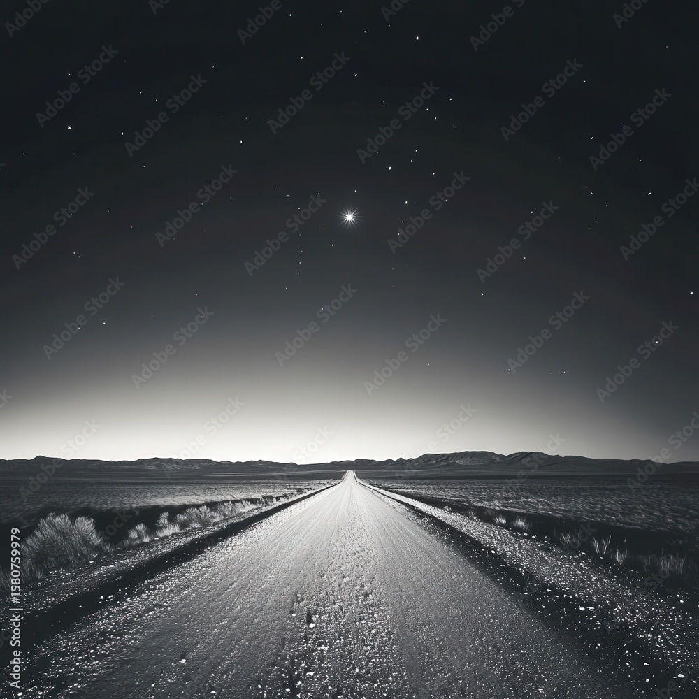 Fototapeta premium Minimalist desert road vanishing into a single star on the horizon monochrome simplicity