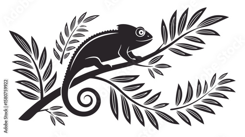 Chameleon Silhouette on Tropical Branch with Leaves – Vector Wildlife Illustration