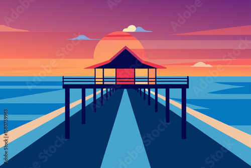 beach pier stretching into the ocean at dawn