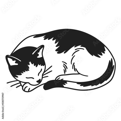 Charming black silhouette of a cat peacefully sleeping in a relaxed pose perfect for pet themed designs and illustrations