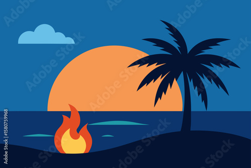beach sunset with bonfire and palm tree shadows