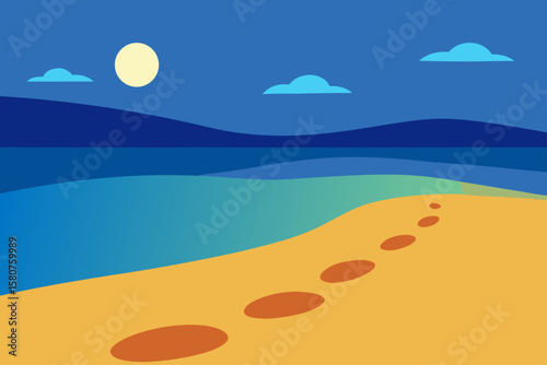 beach with footprints leading to water at dusk