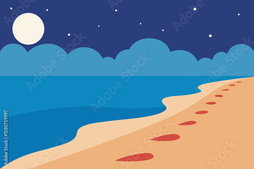 beach with footprints leading to water at dusk
