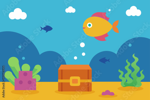 cartoon underwater world with treasure and fish
