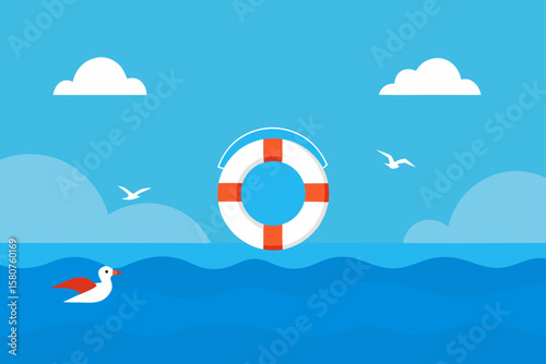 crystal clear ocean with floating lifebuoy