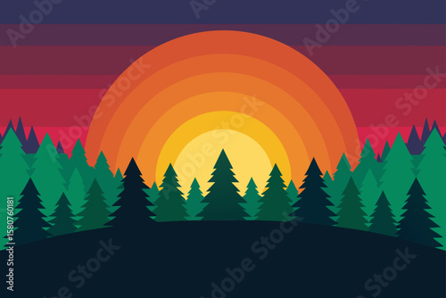 colorful sunrise over forest treetops vector