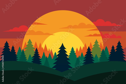 colorful sunrise over forest treetops vector
