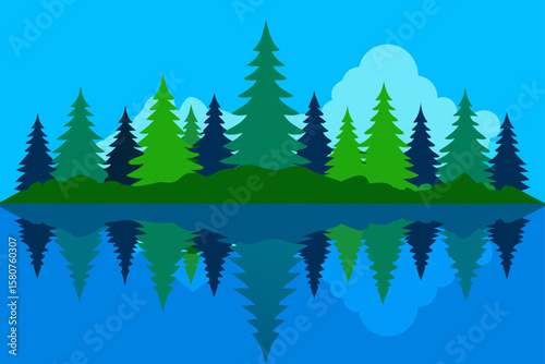 forest lake reflecting pine trees and blue sky