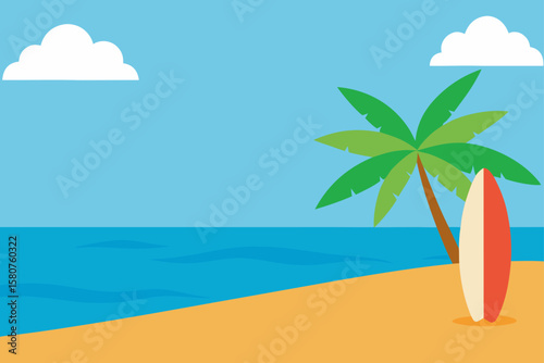 flat tropical beach with surfboard and clear sky