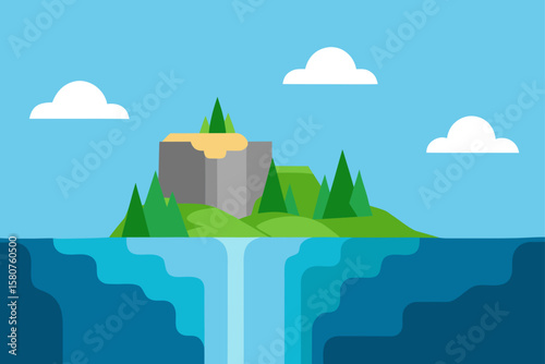 island landscape with cliffs and waterfall flowi
