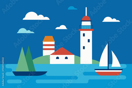 island harbor with sailing boats and lighthouse
