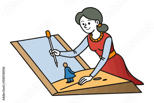 A cheerful woman artist in a red dress uses a drawing tool on a large drafting table creating a small blue figure
