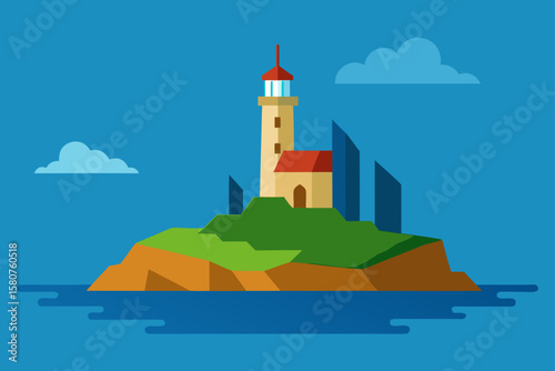 island with ancient lighthouse and rocky shoreli