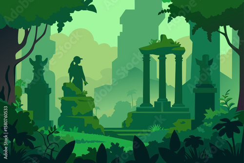 jungle ruins with overgrown vines and old statue