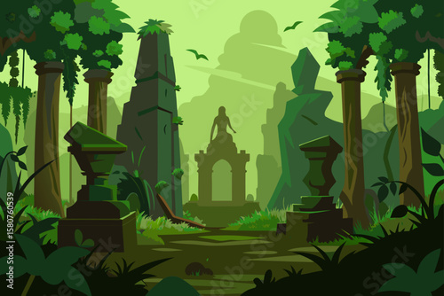 jungle ruins with overgrown vines and old statue