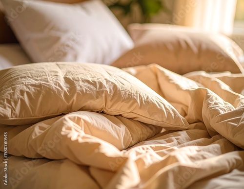 Beige bedding and pillows on an unmade bed in sunlight Close up view of rumpled sheets and pillows