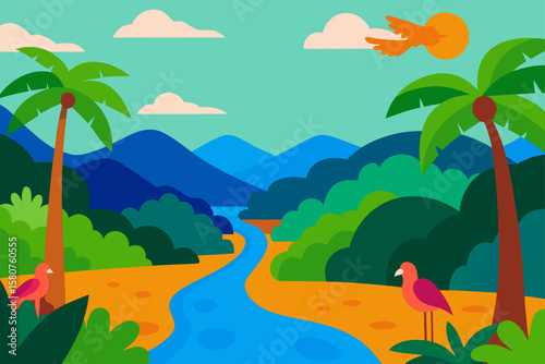 jungle valley with river and exotic birds