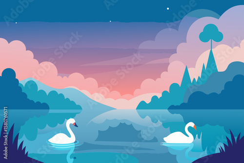 lake at dawn with mist and swans swimming