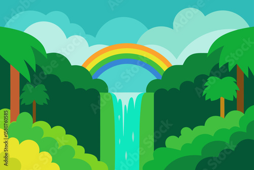lush rainforest waterfall with rainbow
