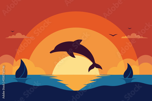 ocean scene with dolphins jumping in sunset light