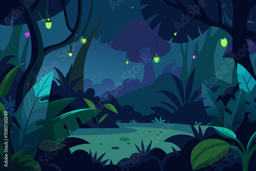nighttime jungle with glowing plants and vines
