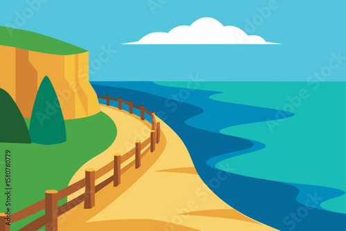 oceanfront cliffs with path and wooden fence