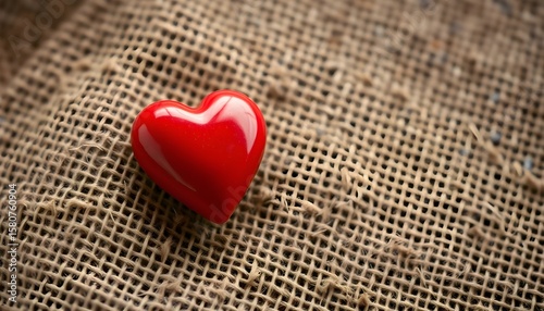 Red hearts placed on rough burlap, symbolizing love, with empty space for text.