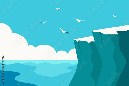 sea cliffs with crashing waves and flying seagul