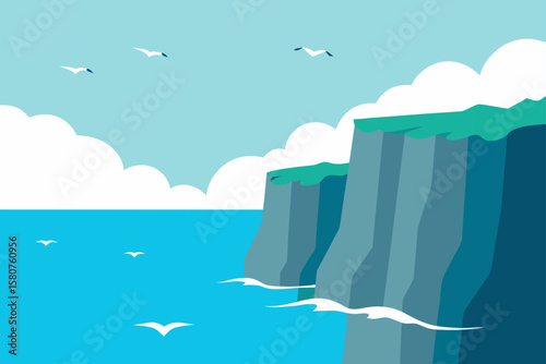 sea cliffs with crashing waves and flying seagul