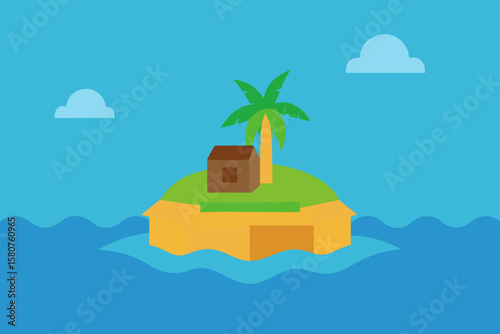 secluded island with treasure chest on beach