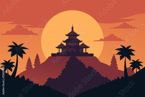sunset skyline over hilltop temple in jungle
