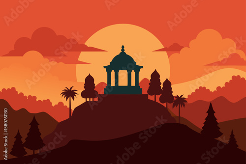 sunset skyline over hilltop temple in jungle
