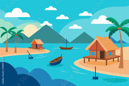 tropical bay with floating huts and fishing boats