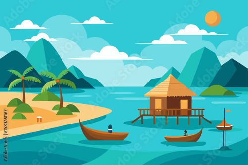 tropical bay with floating huts and fishing boats