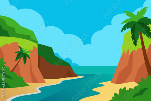 tropical bay with steep cliffs and jungle background