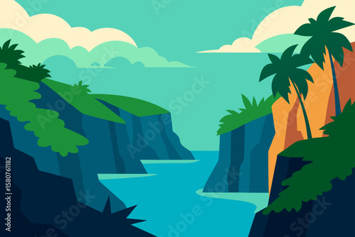 tropical bay with steep cliffs and jungle background