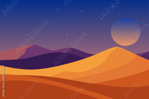 twilight over rolling desert dunes with distant
