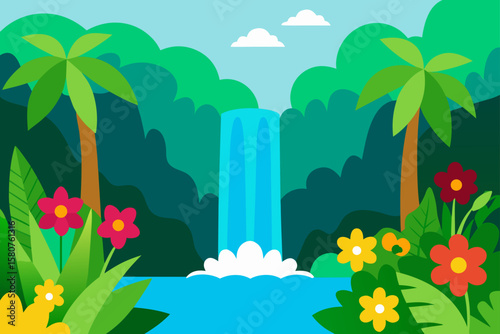 tropical rainforest with waterfall and colorful