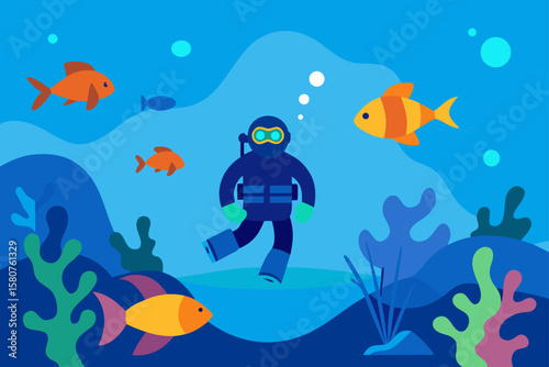 underwater scene with scuba diver and reef life