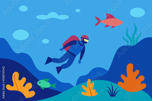 underwater scene with scuba diver and reef life