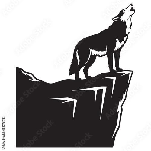 Howling Wolf Silhouette | Black Vector Animal on Cliff. AI generator