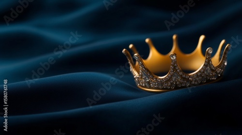 luxurious crown lying on a royal blue velvet cloth, macro detail, glistening jewels