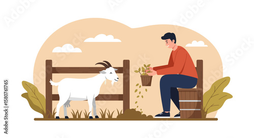 A cheerful farmer feeding a goat in a rural setting vector illustration showcasing the simple joys of farm life and animal care