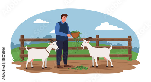 A farmer feeding goats with fresh green leaves in a rural landscape illustration, showcasing agriculture and animal care on a farm