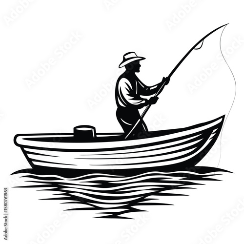 Fisherman casting rod from boat on water fishing