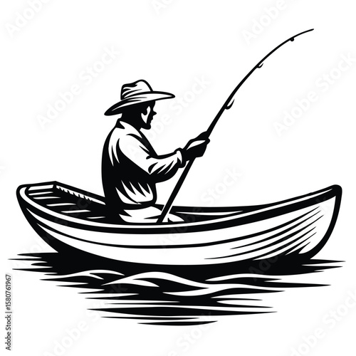 Fisherman in boat casting rod on water fishing