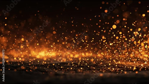 Golden bokeh effect orange  yellow glowing orbs floating some scattered on a dark wavepatterned ground Dark background