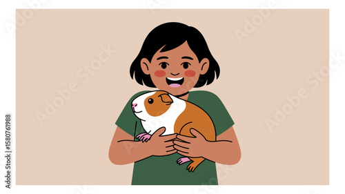 A happy young girl is gently cradling her adorable guinea pig pet in a heartwarming and tender moment, showcasing a special bond between a child and her animal companion