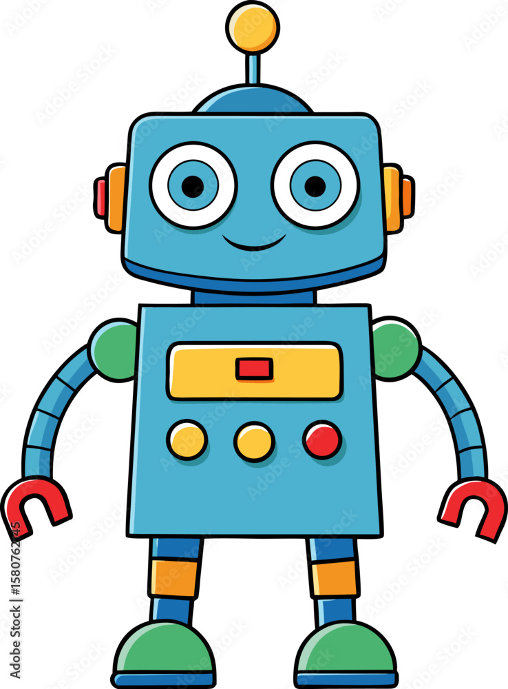 Naklejka premium Friendly blue cartoon robot with big eyes and a happy smile