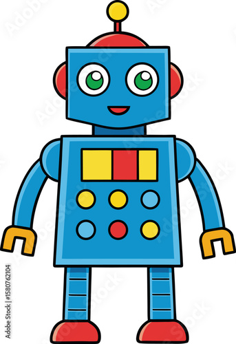 Friendly blue cartoon robot with green eyes and red feet standing